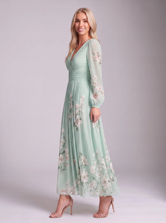 Fiorrena Pleated Chiffon Maxi Dress – Floral Print Long Sleeve Women Wedding Guest Formal Evening Maxi Dress