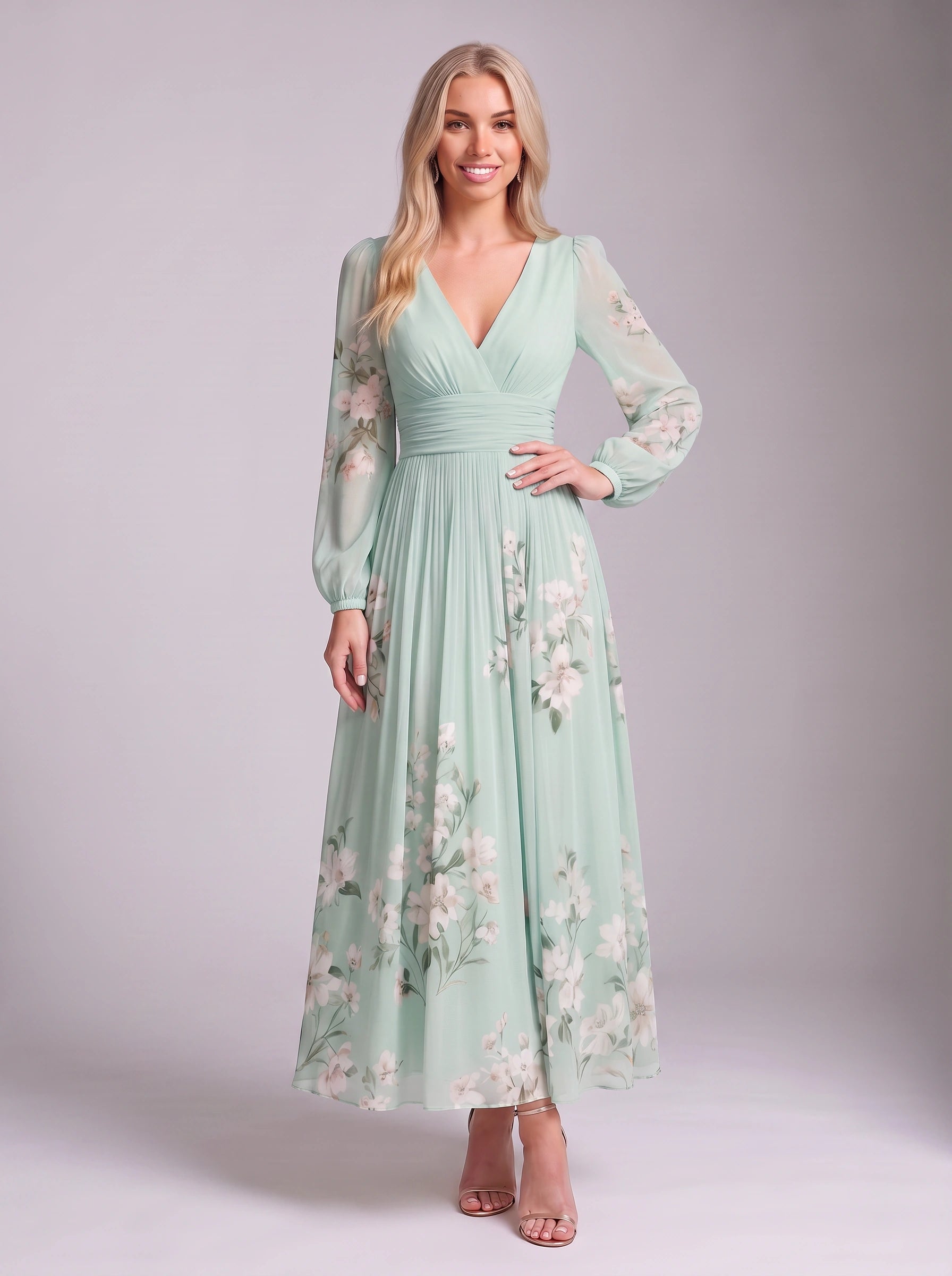Fiorrena Pleated Chiffon Maxi Dress – Floral Print Long Sleeve Women Wedding Guest Formal Evening Maxi Dress