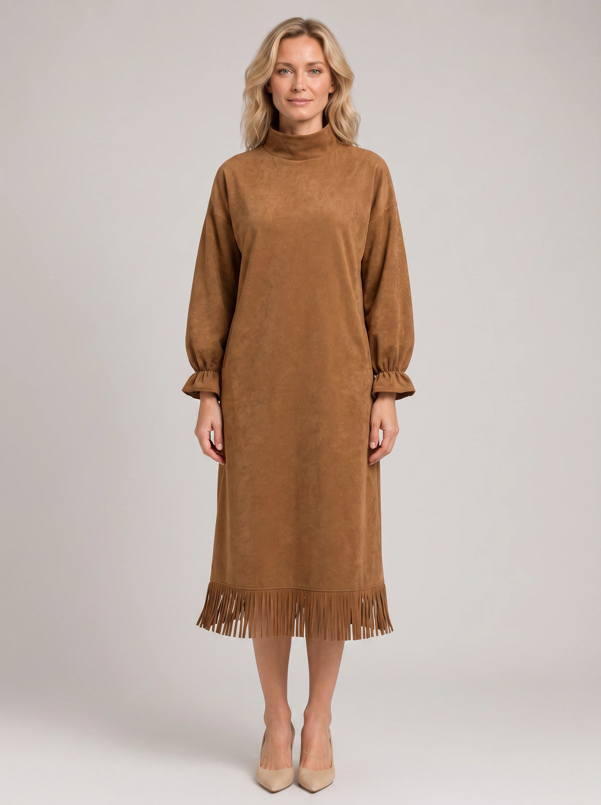 Frinara Turtleneck Fringe Midi Dress – Women Casual Autumn Winter Long Sleeve Lounge Midi Dress