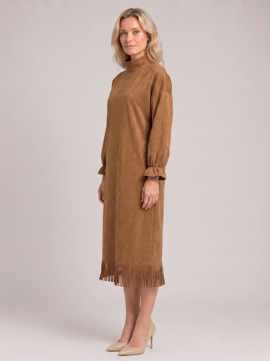 Frinara Turtleneck Fringe Midi Dress – Women Casual Autumn Winter Long Sleeve Lounge Midi Dress