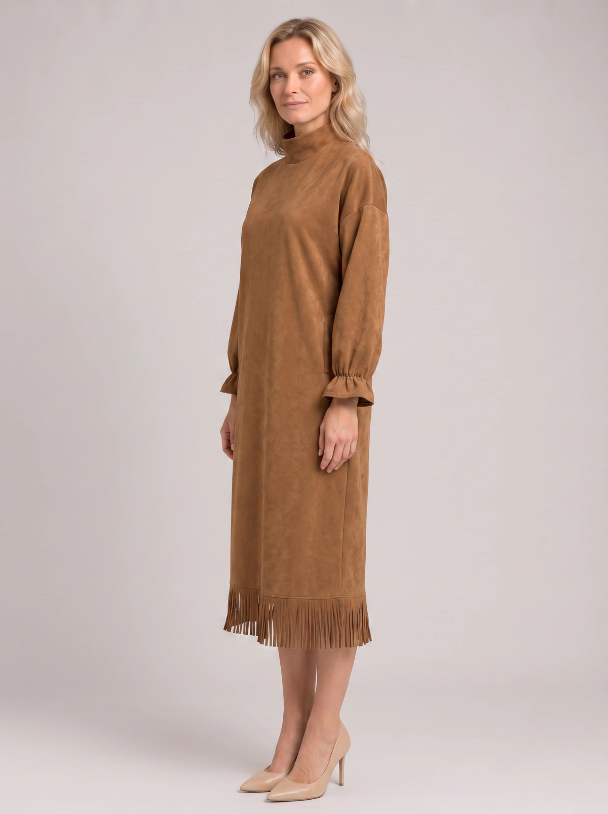 Frinara Turtleneck Fringe Midi Dress – Women Casual Autumn Winter Long Sleeve Lounge Midi Dress