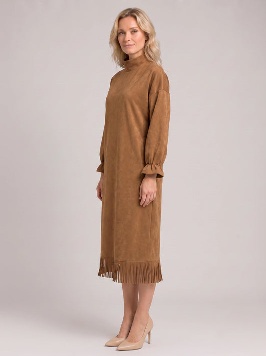 Frinara Turtleneck Fringe Midi Dress – Women Casual Autumn Winter Long Sleeve Lounge Midi Dress