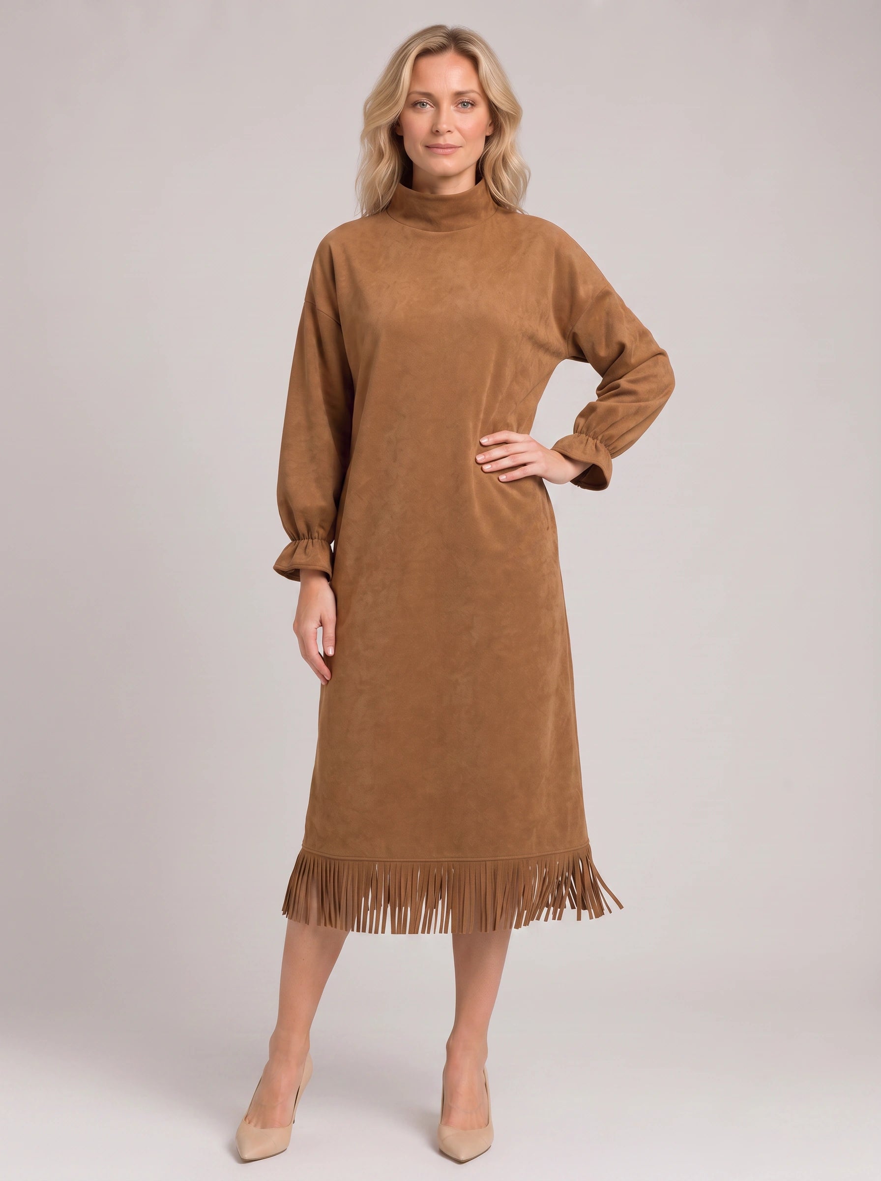 Frinara Turtleneck Fringe Midi Dress – Women Casual Autumn Winter Long Sleeve Lounge Midi Dress