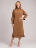 Frinara Turtleneck Fringe Midi Dress – Women Casual Autumn Winter Long Sleeve Lounge Midi Dress