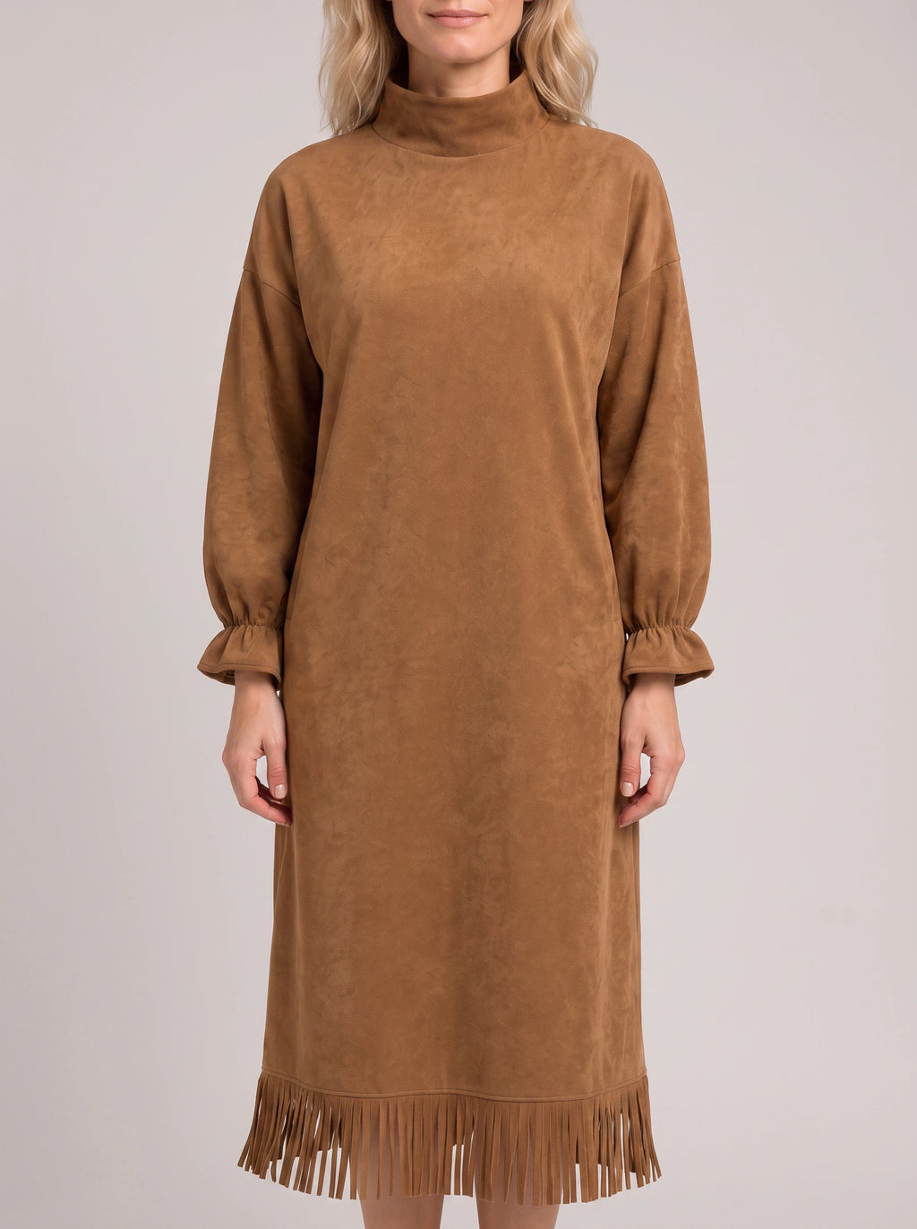 Frinara Turtleneck Fringe Midi Dress – Women Casual Autumn Winter Long Sleeve Lounge Midi Dress