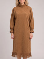 Frinara Turtleneck Fringe Midi Dress – Women Casual Autumn Winter Long Sleeve Lounge Midi Dress