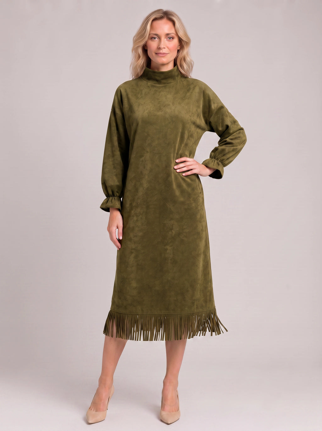 Frinara Turtleneck Fringe Midi Dress – Women Casual Autumn Winter Long Sleeve Lounge Midi Dress