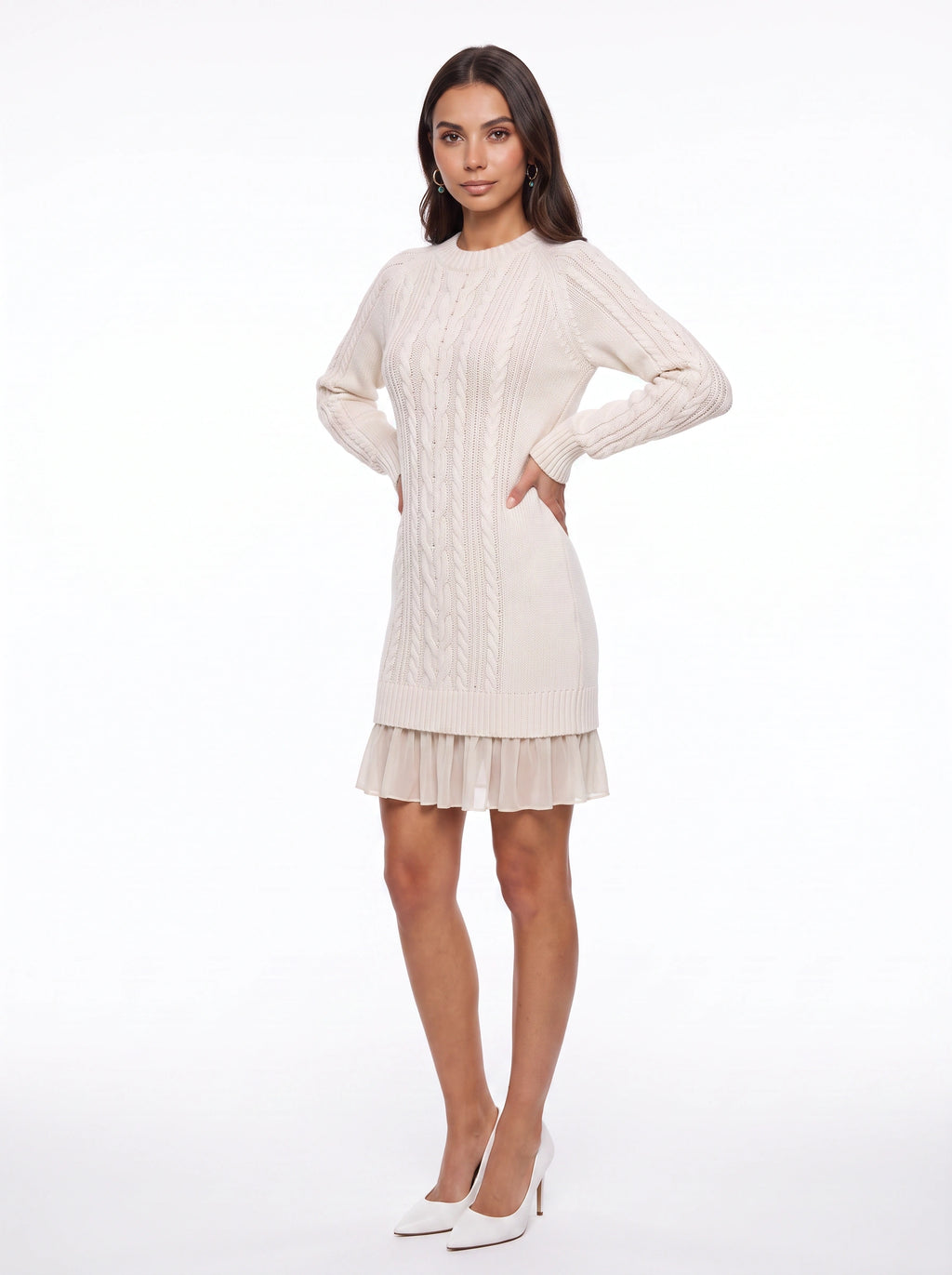 Trenza Cable Knit Sweater Mini Dress – Women Knitted Jumper Dress Long Sleeve Pleated Hem Cable Knit Dress