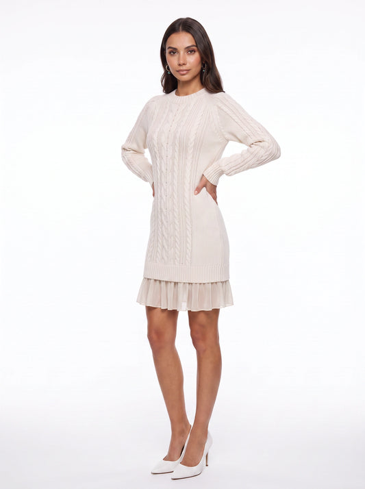 Trenza Cable Knit Sweater Mini Dress – Women Knitted Jumper Dress Long Sleeve Pleated Hem Cable Knit Dress