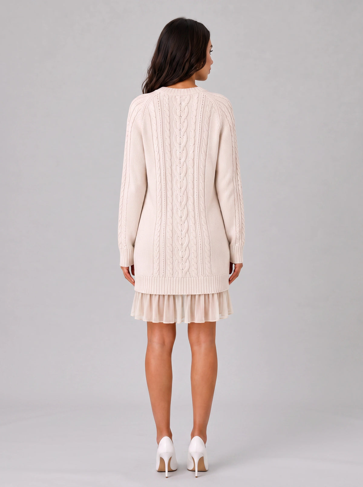 Trenza Cable Knit Sweater Mini Dress – Women Knitted Jumper Dress Long Sleeve Pleated Hem Cable Knit Dress