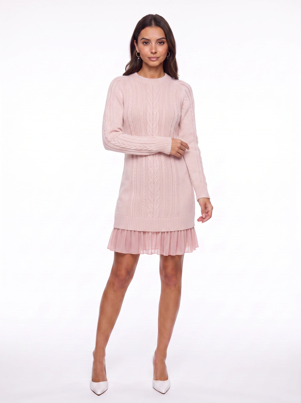 Trenza Cable Knit Sweater Mini Dress – Women Knitted Jumper Dress Long Sleeve Pleated Hem Cable Knit Dress