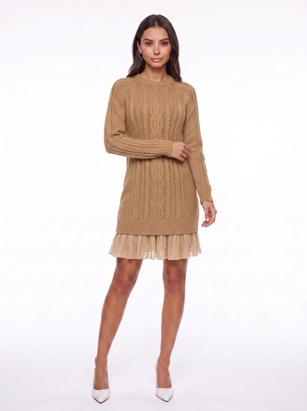 Trenza Cable Knit Sweater Mini Dress – Women Knitted Jumper Dress Long Sleeve Pleated Hem Cable Knit Dress