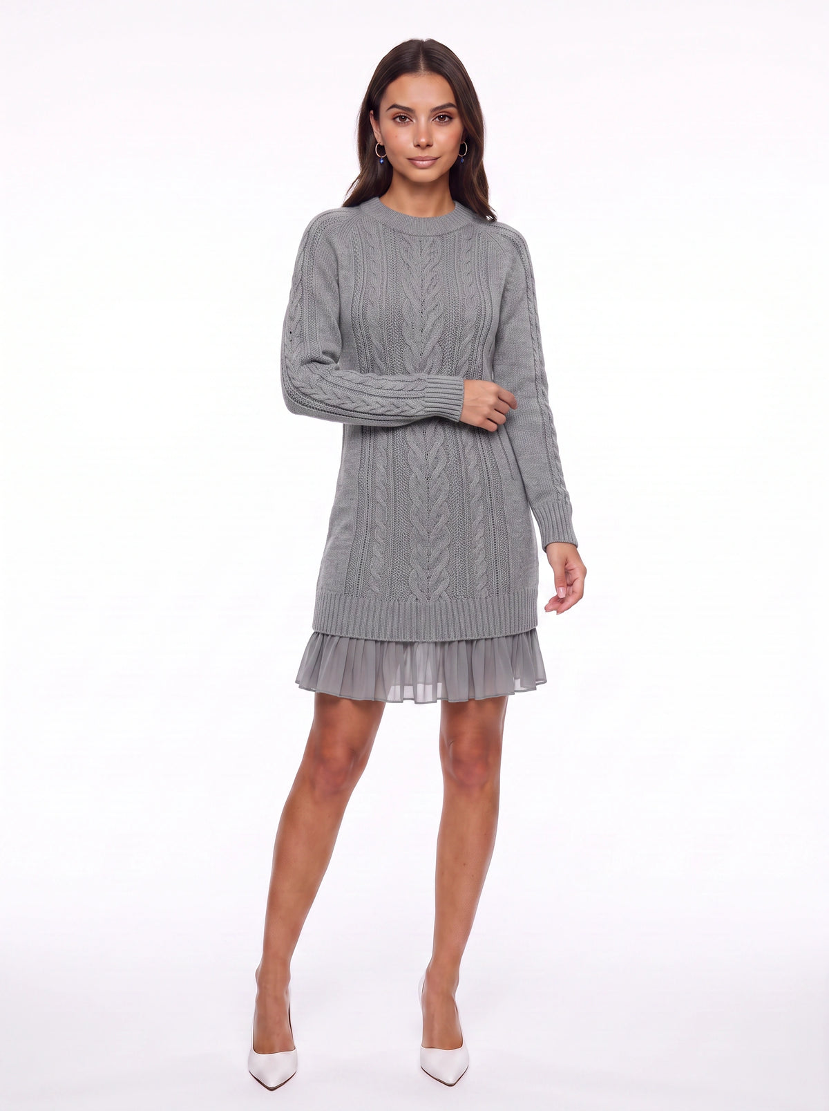 Trenza Cable Knit Sweater Mini Dress – Women Knitted Jumper Dress Long Sleeve Pleated Hem Cable Knit Dress
