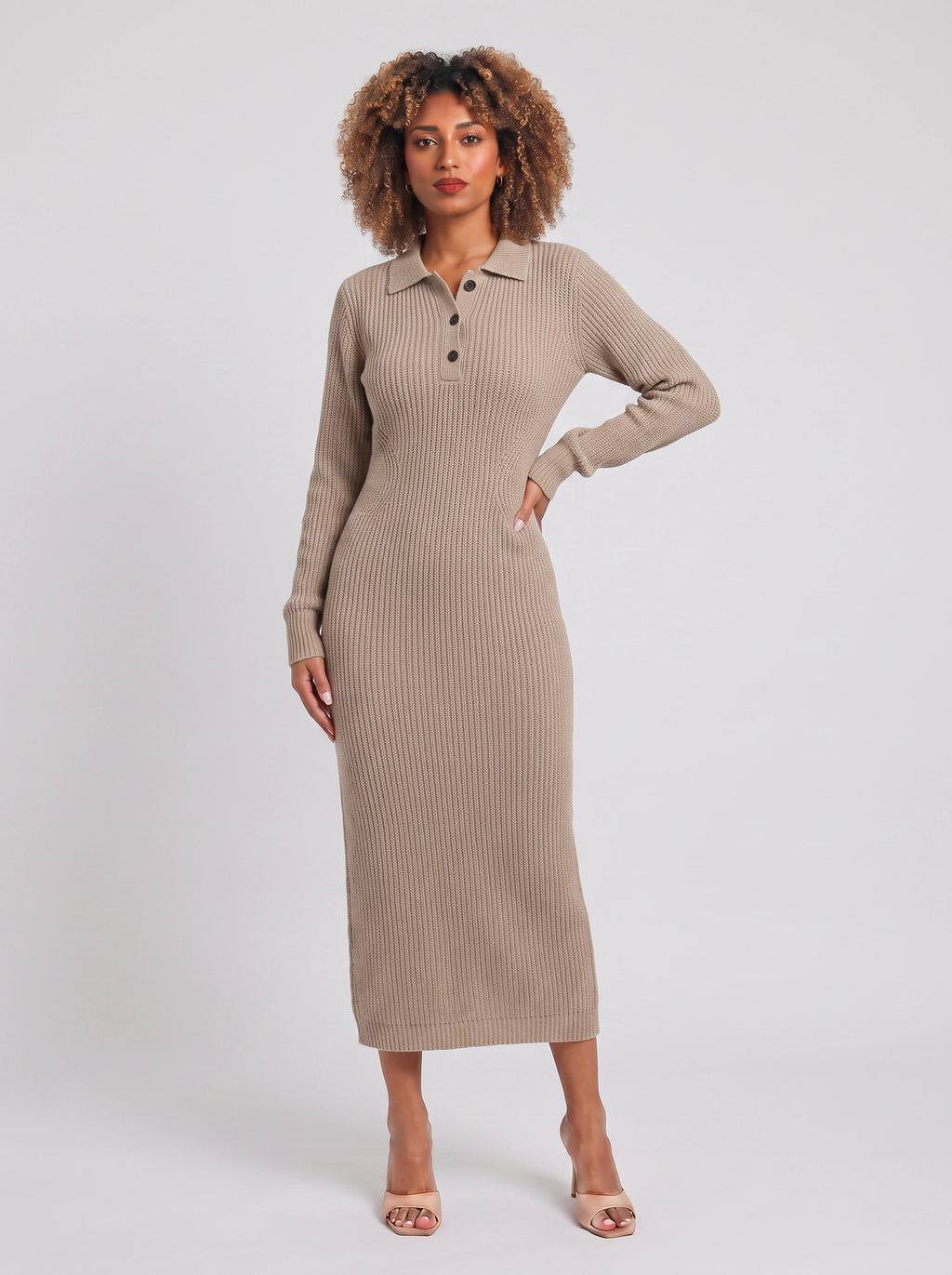 Costura Ribbed Polo Midi Dress – Women Knitted Bodycon Long Sleeve Collared Casual Office Midi Dress