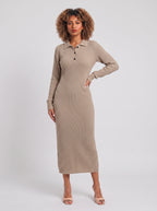 Costura Ribbed Polo Midi Dress – Women Knitted Bodycon Long Sleeve Collared Casual Office Midi Dress