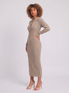 Costura Ribbed Polo Midi Dress – Women Knitted Bodycon Long Sleeve Collared Casual Office Midi Dress