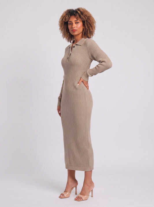 Costura Ribbed Polo Midi Dress – Women Knitted Bodycon Long Sleeve Collared Casual Office Midi Dress