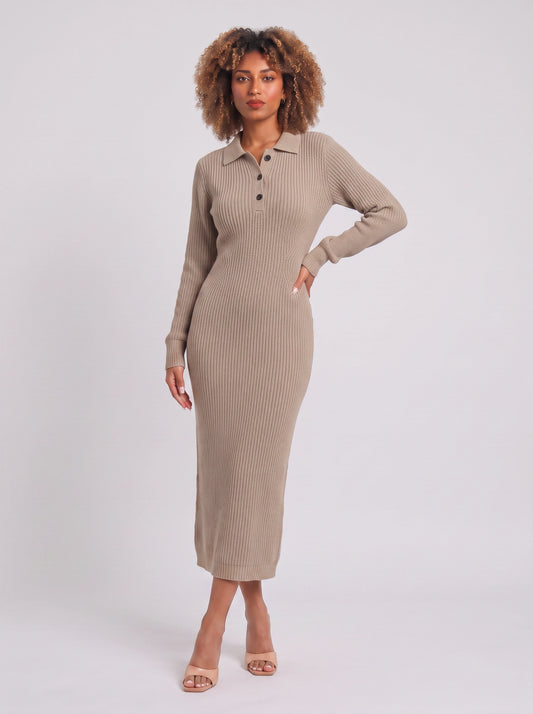 Costura Ribbed Polo Midi Dress – Women Knitted Bodycon Long Sleeve Collared Casual Office Midi Dress