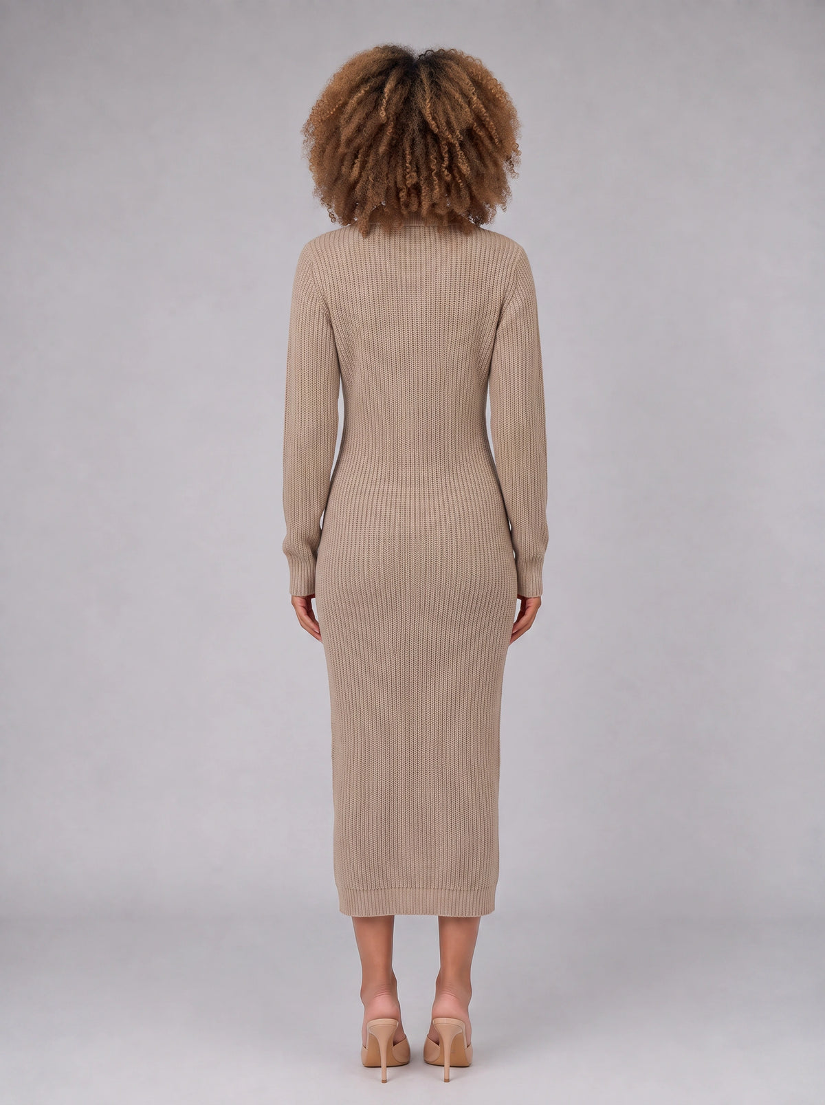 Costura Ribbed Polo Midi Dress – Women Knitted Bodycon Long Sleeve Collared Casual Office Midi Dress