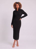 Costura Ribbed Polo Midi Dress – Women Knitted Bodycon Long Sleeve Collared Casual Office Midi Dress