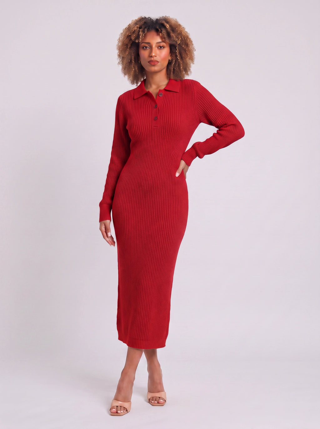 Costura Ribbed Polo Midi Dress – Women Knitted Bodycon Long Sleeve Collared Casual Office Midi Dress