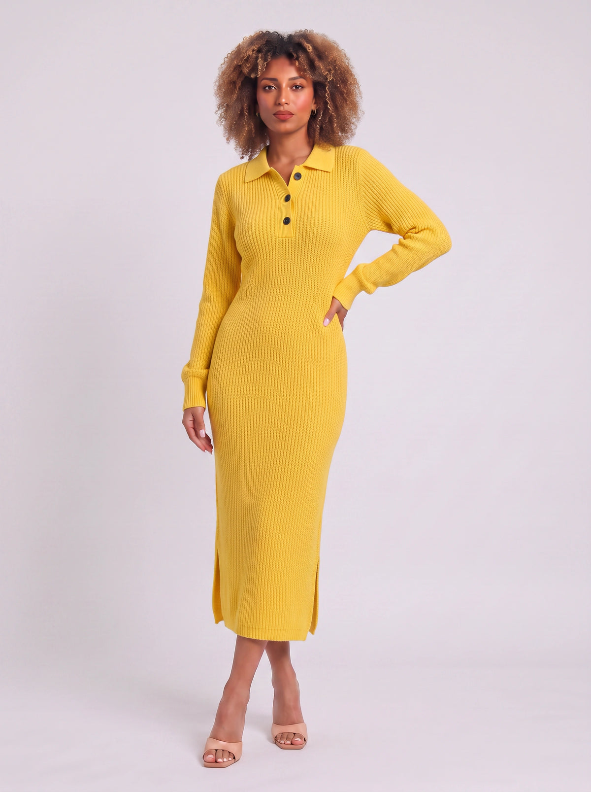 Costura Ribbed Polo Midi Dress – Women Knitted Bodycon Long Sleeve Collared Casual Office Midi Dress