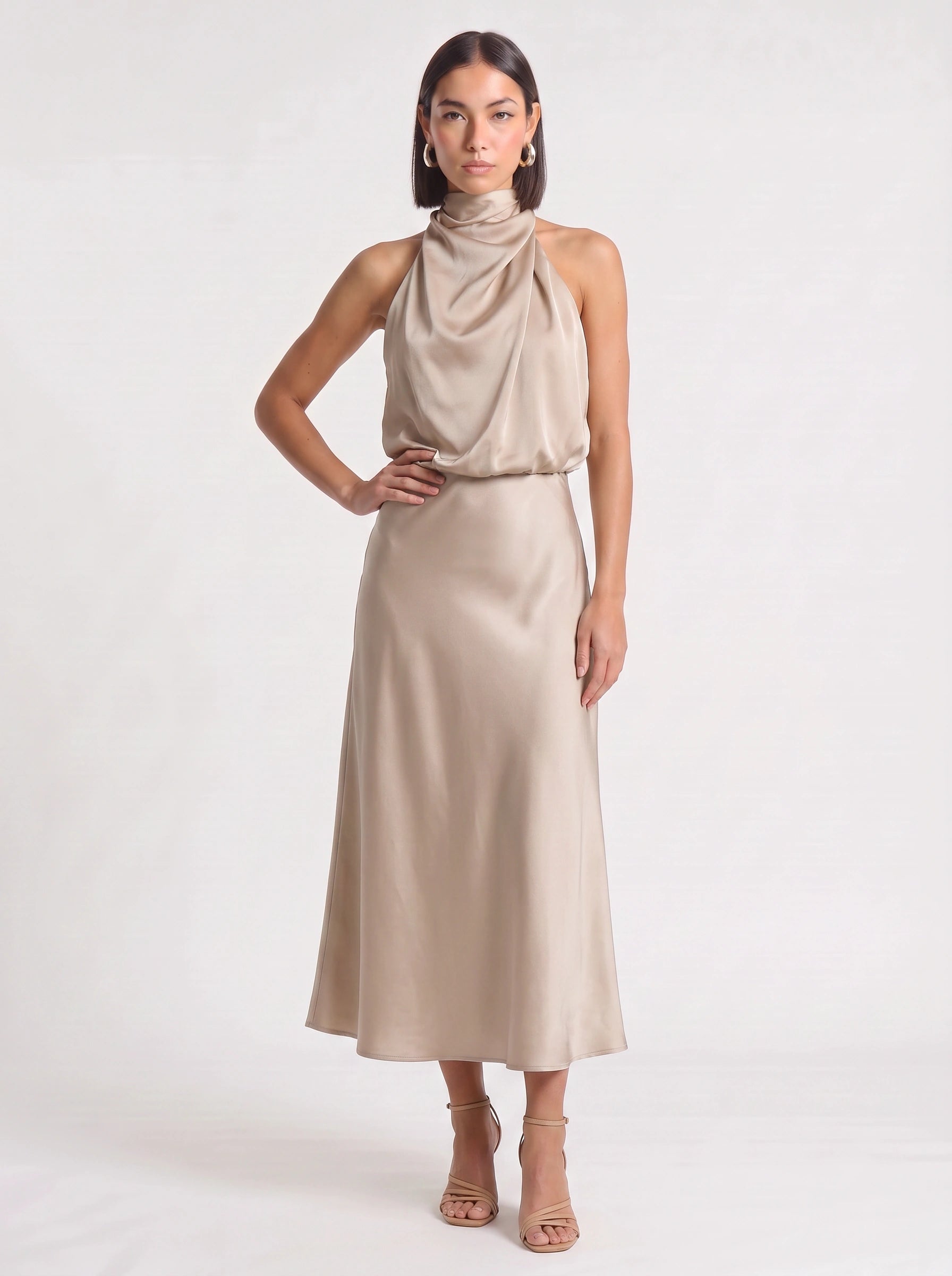 Drapia Halter Neck Satin Midi Dress – Women Formal Wedding Guest Evening Party Champagne Elegant Midi Dress