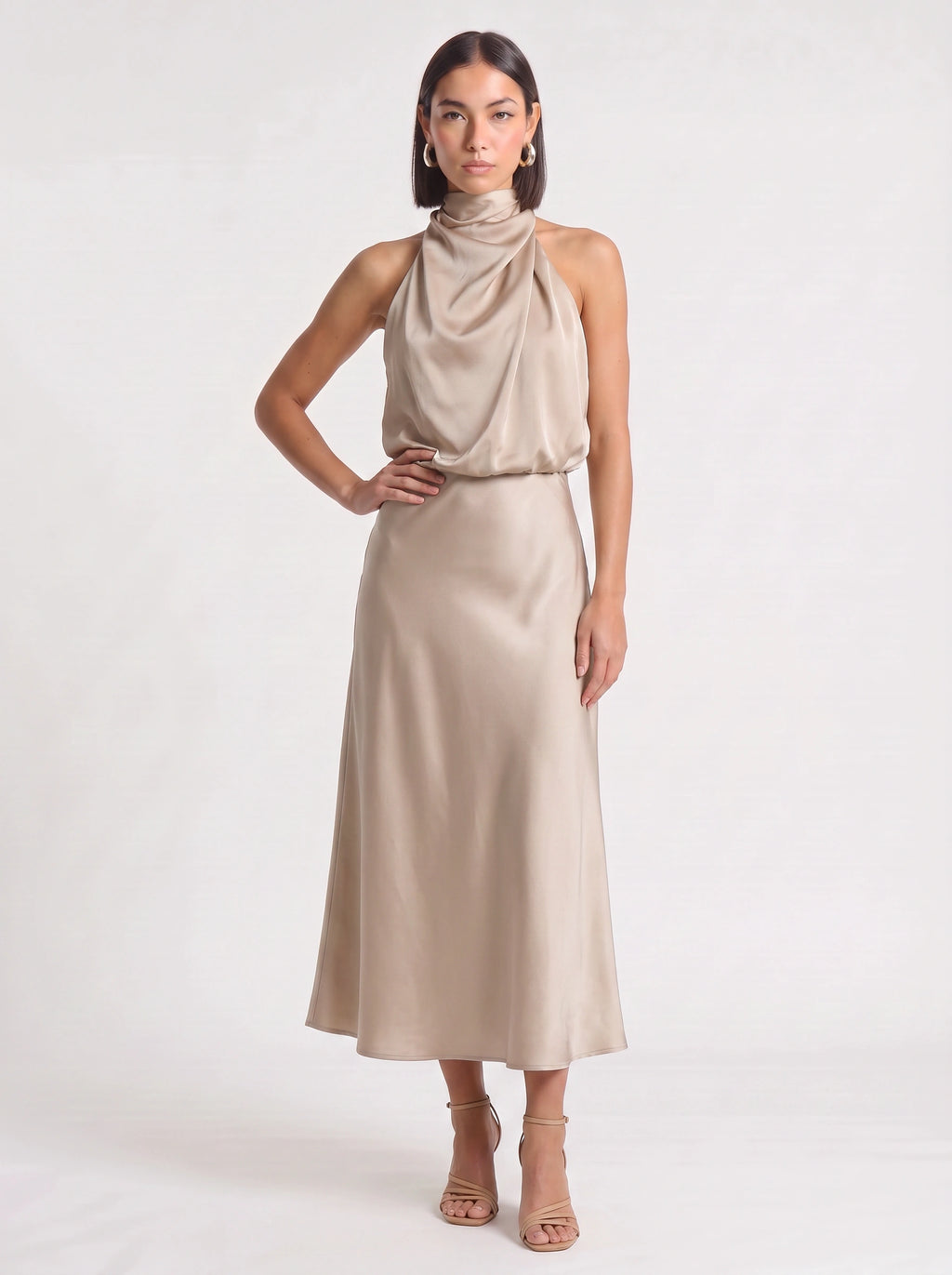 Drapia Halter Neck Satin Midi Dress – Women Formal Wedding Guest Evening Party Champagne Elegant Midi Dress