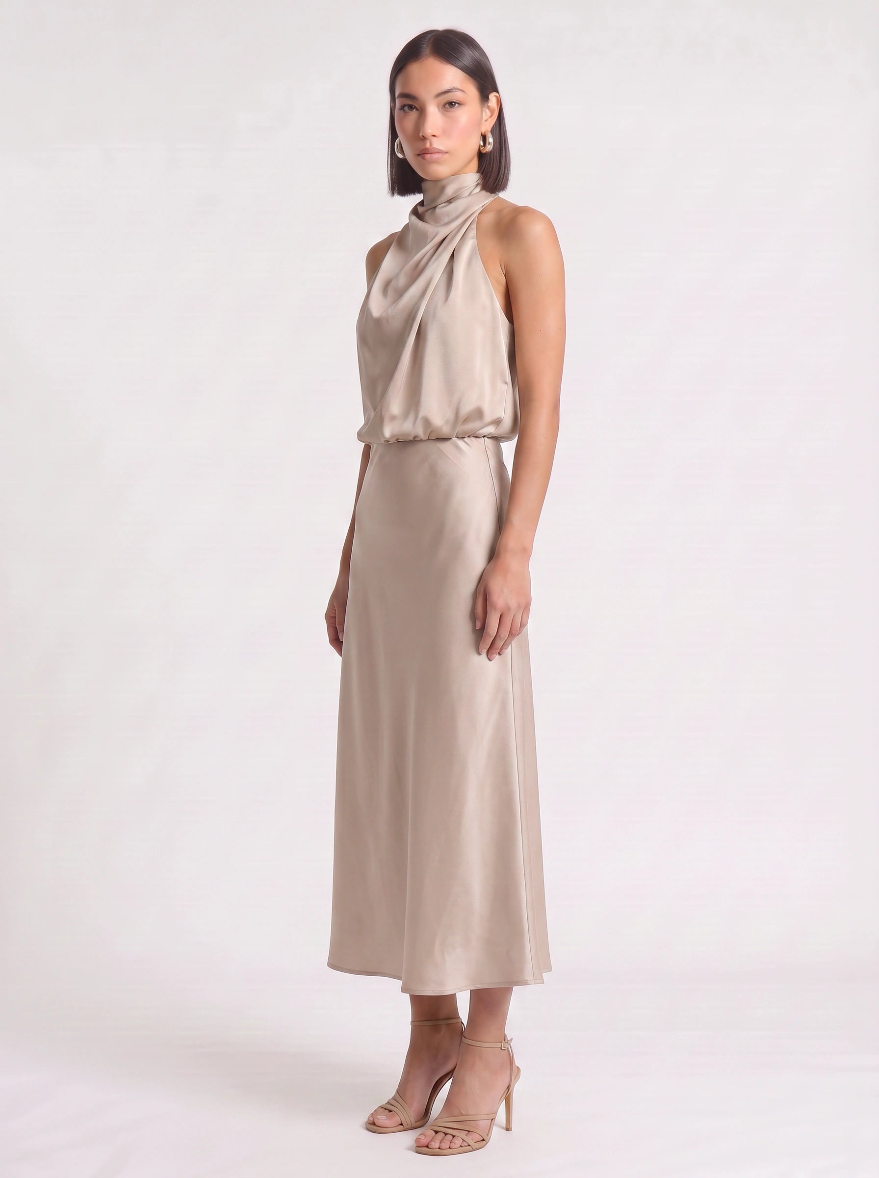 Drapia Halter Neck Satin Midi Dress – Women Formal Wedding Guest Evening Party Champagne Elegant Midi Dress