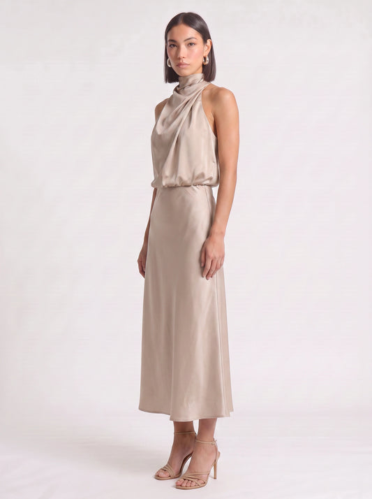 Drapia Halter Neck Satin Midi Dress – Women Formal Wedding Guest Evening Party Champagne Elegant Midi Dress