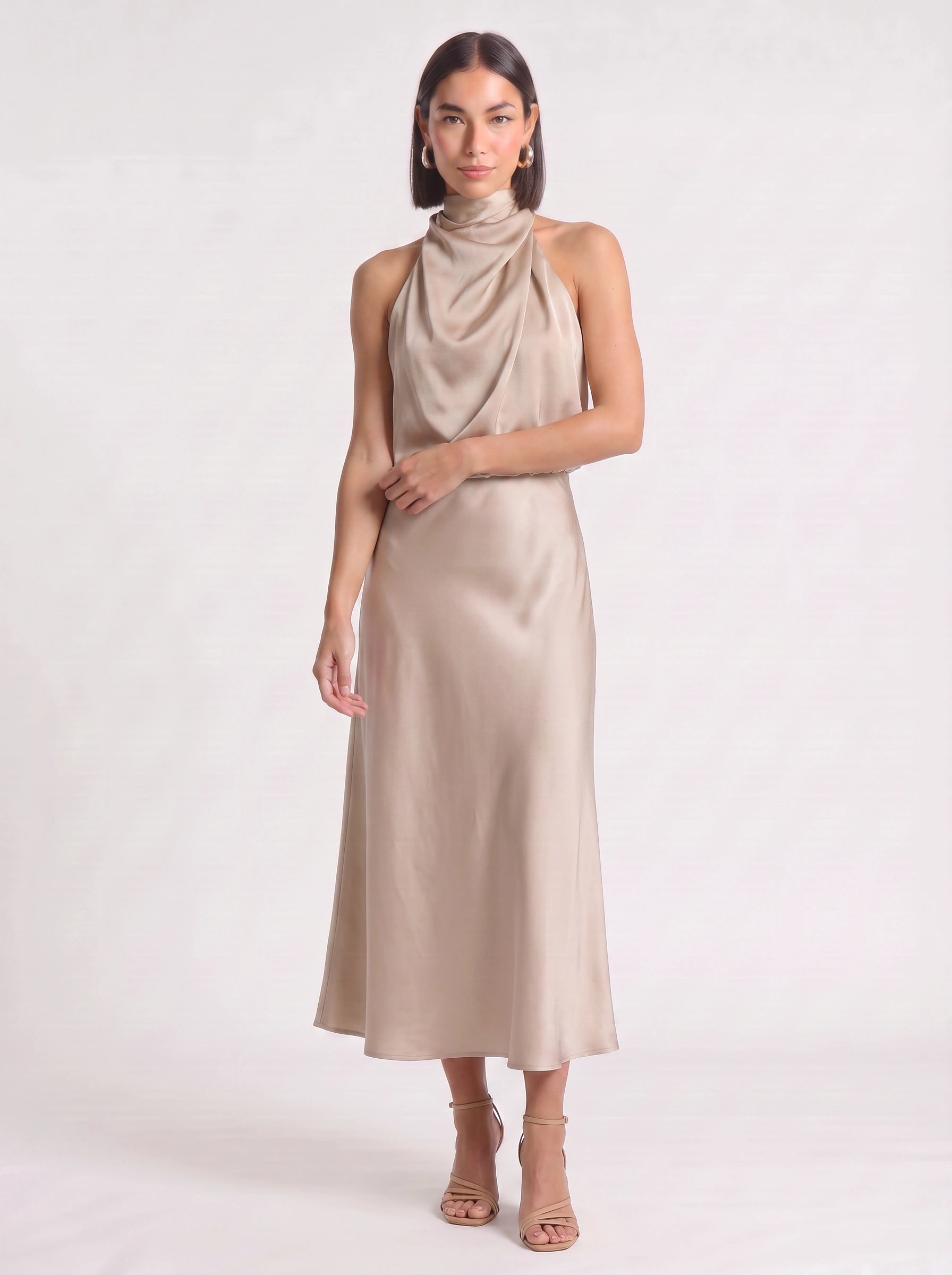 Drapia Halter Neck Satin Midi Dress – Women Formal Wedding Guest Evening Party Champagne Elegant Midi Dress