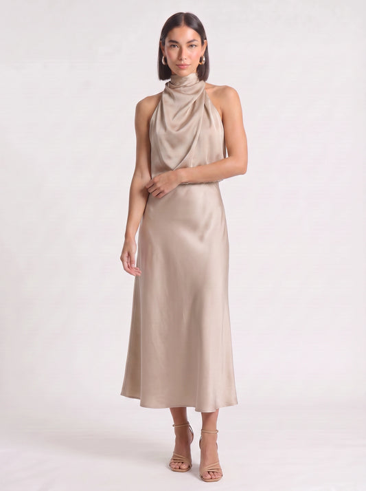 Drapia Halter Neck Satin Midi Dress – Women Formal Wedding Guest Evening Party Champagne Elegant Midi Dress
