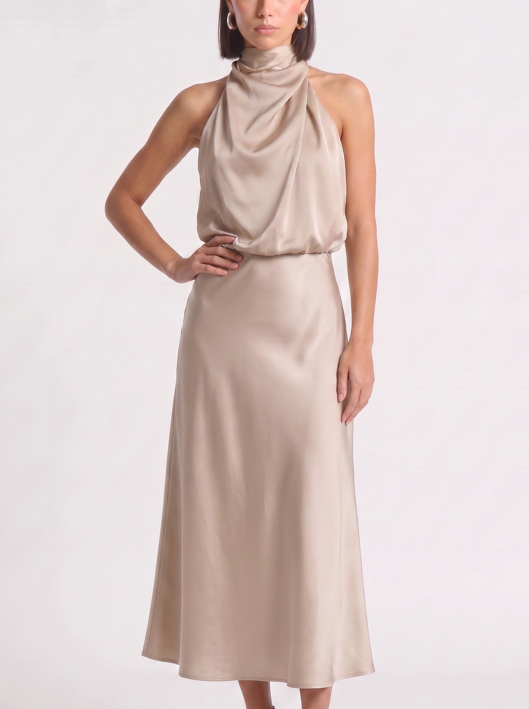 Drapia Halter Neck Satin Midi Dress – Women Formal Wedding Guest Evening Party Champagne Elegant Midi Dress