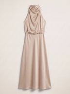 Drapia Halter Neck Satin Midi Dress – Women Formal Wedding Guest Evening Party Champagne Elegant Midi Dress