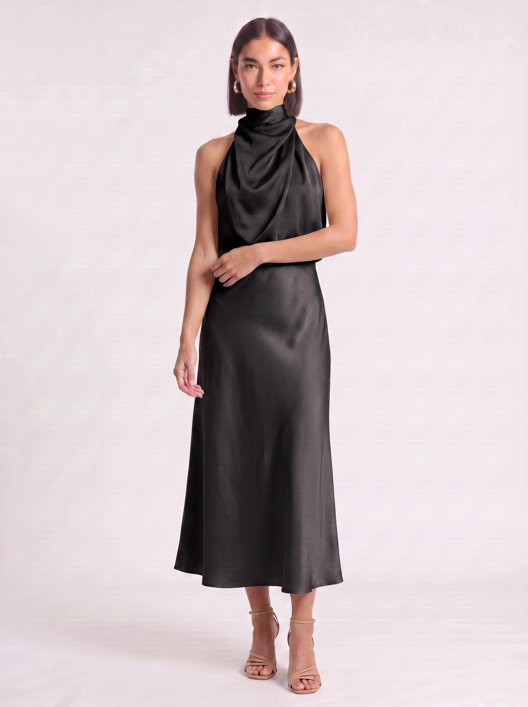 Drapia Halter Neck Satin Midi Dress – Women Formal Wedding Guest Evening Party Champagne Elegant Midi Dress
