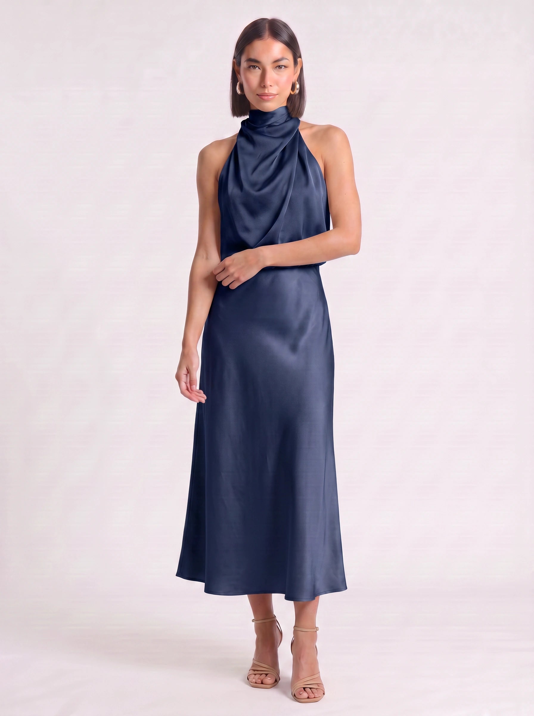 Drapia Halter Neck Satin Midi Dress – Women Formal Wedding Guest Evening Party Champagne Elegant Midi Dress