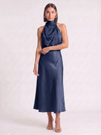 Drapia Halter Neck Satin Midi Dress – Women Formal Wedding Guest Evening Party Champagne Elegant Midi Dress