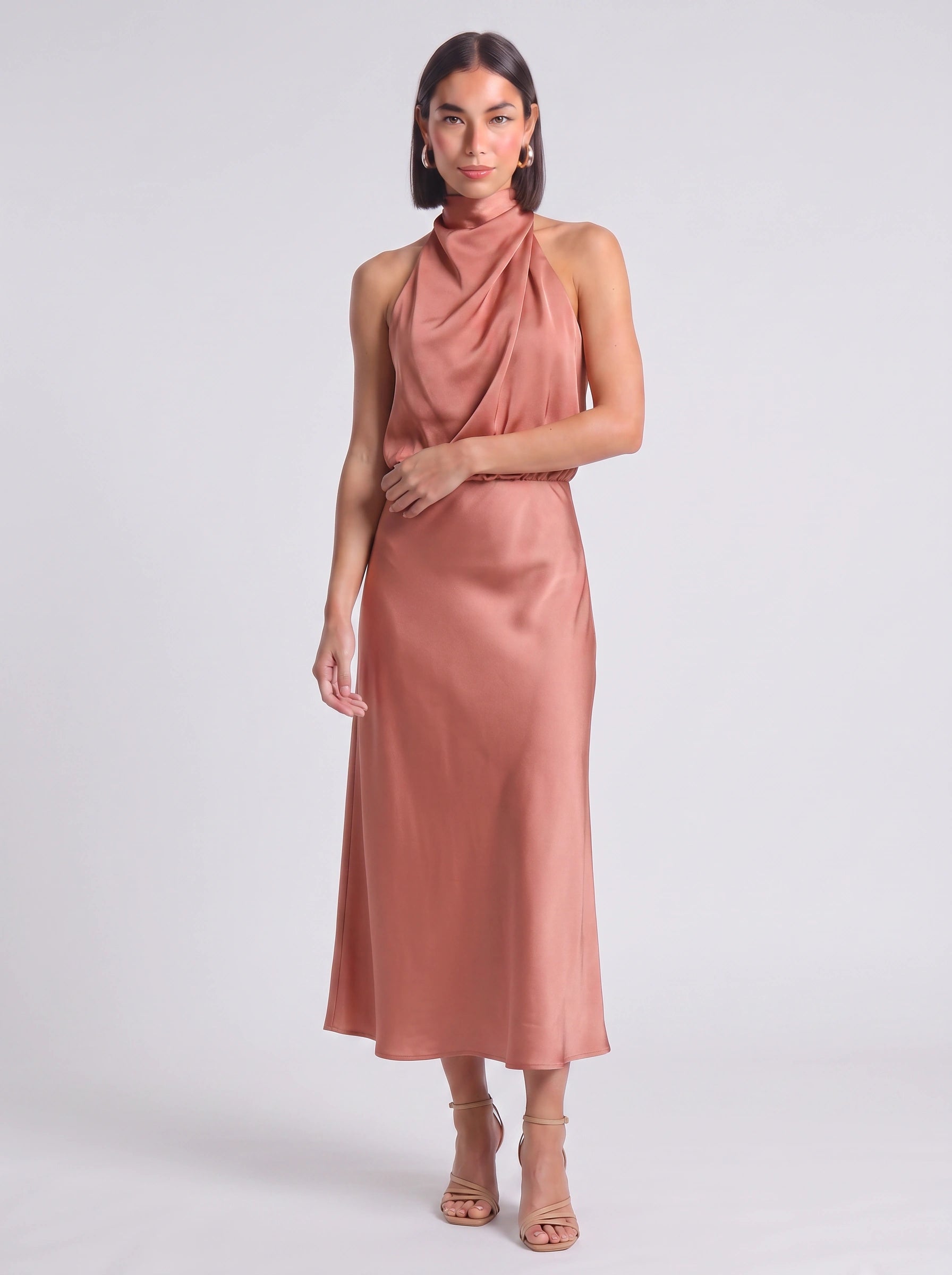 Drapia Halter Neck Satin Midi Dress – Women Formal Wedding Guest Evening Party Champagne Elegant Midi Dress