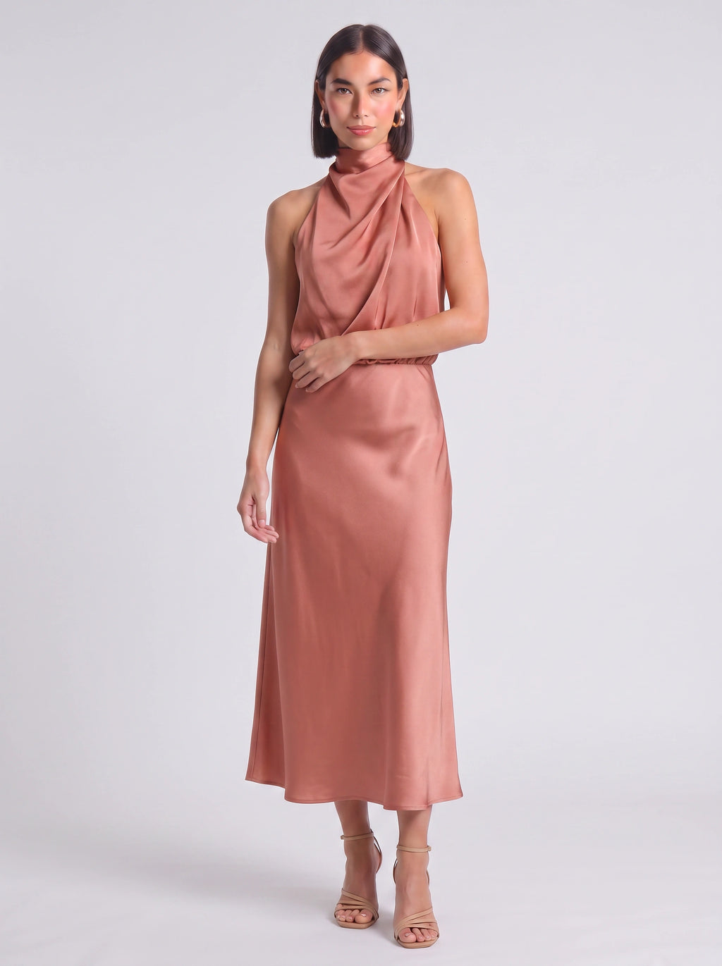 Drapia Halter Neck Satin Midi Dress – Women Formal Wedding Guest Evening Party Champagne Elegant Midi Dress