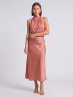 Drapia Halter Neck Satin Midi Dress – Women Formal Wedding Guest Evening Party Champagne Elegant Midi Dress