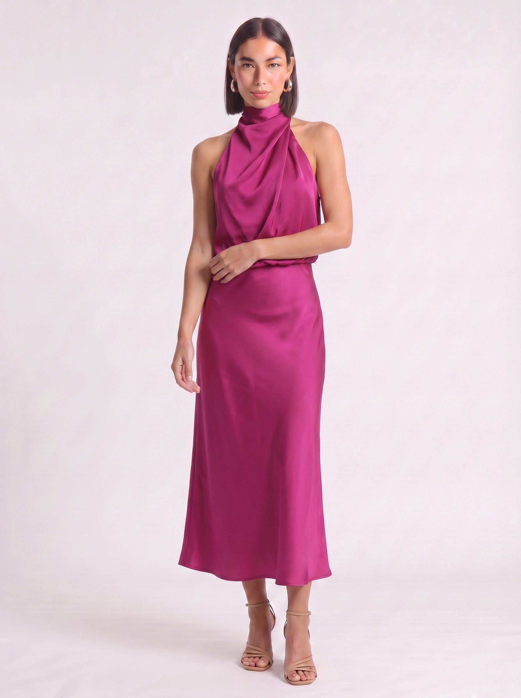 Drapia Halter Neck Satin Midi Dress – Women Formal Wedding Guest Evening Party Champagne Elegant Midi Dress