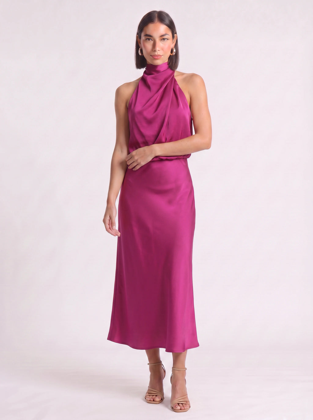 Drapia Halter Neck Satin Midi Dress – Women Formal Wedding Guest Evening Party Champagne Elegant Midi Dress