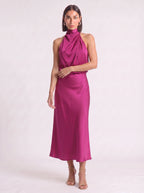 Drapia Halter Neck Satin Midi Dress – Women Formal Wedding Guest Evening Party Champagne Elegant Midi Dress