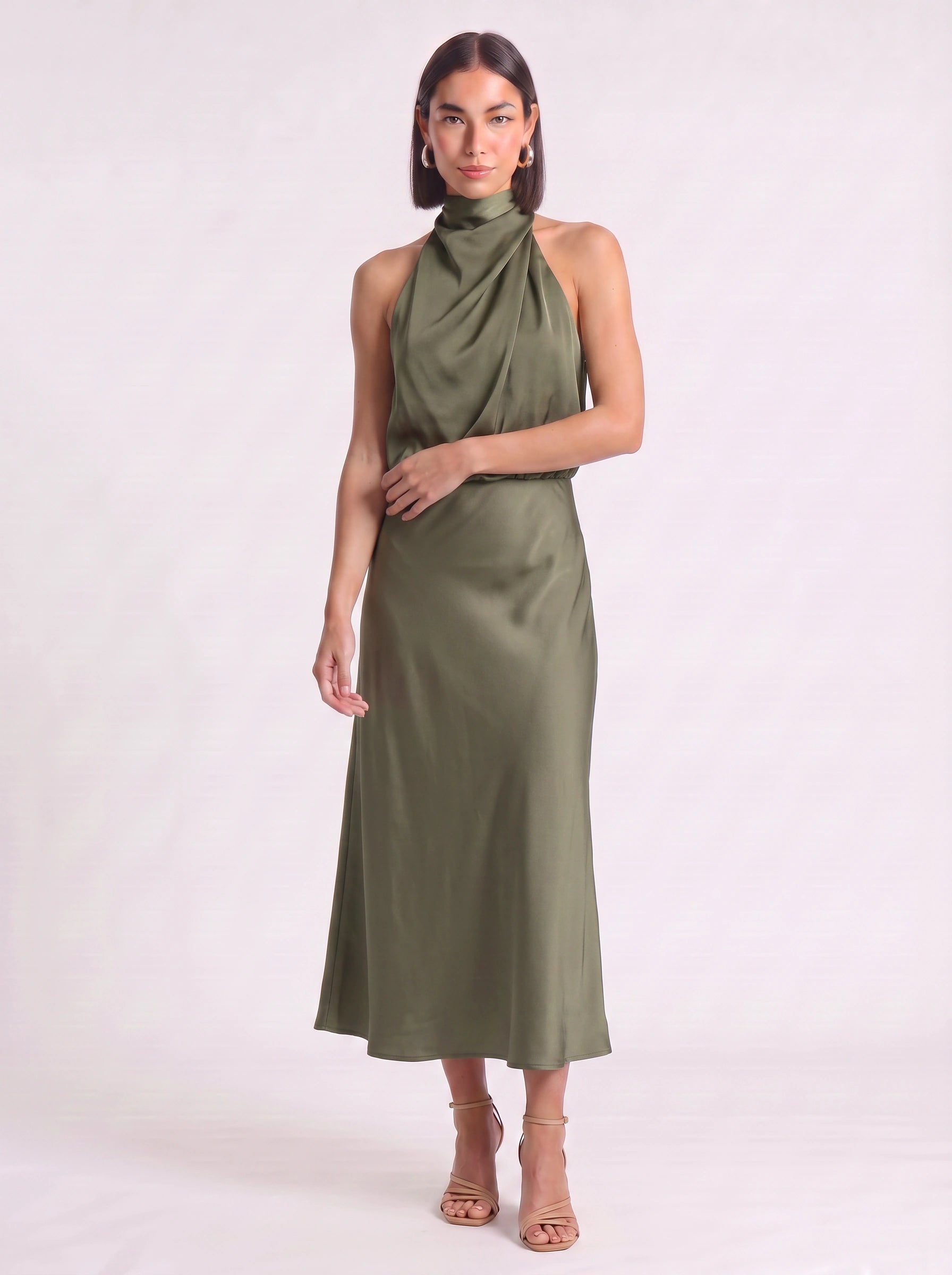 Drapia Halter Neck Satin Midi Dress – Women Formal Wedding Guest Evening Party Champagne Elegant Midi Dress