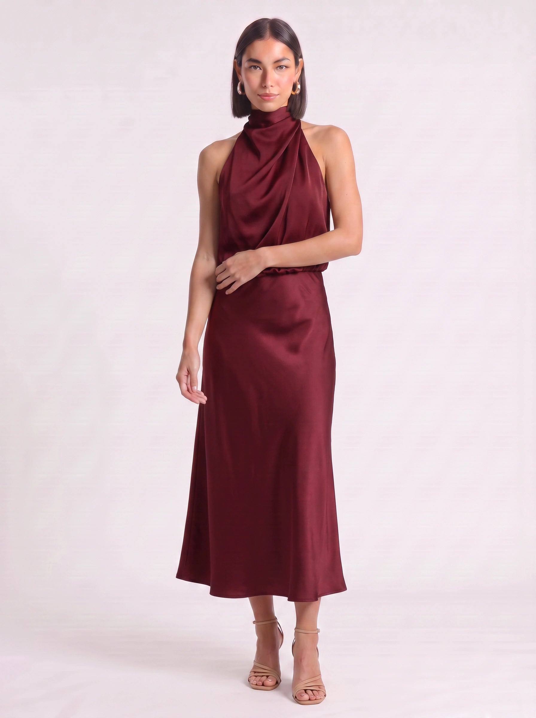 Drapia Halter Neck Satin Midi Dress – Women Formal Wedding Guest Evening Party Champagne Elegant Midi Dress