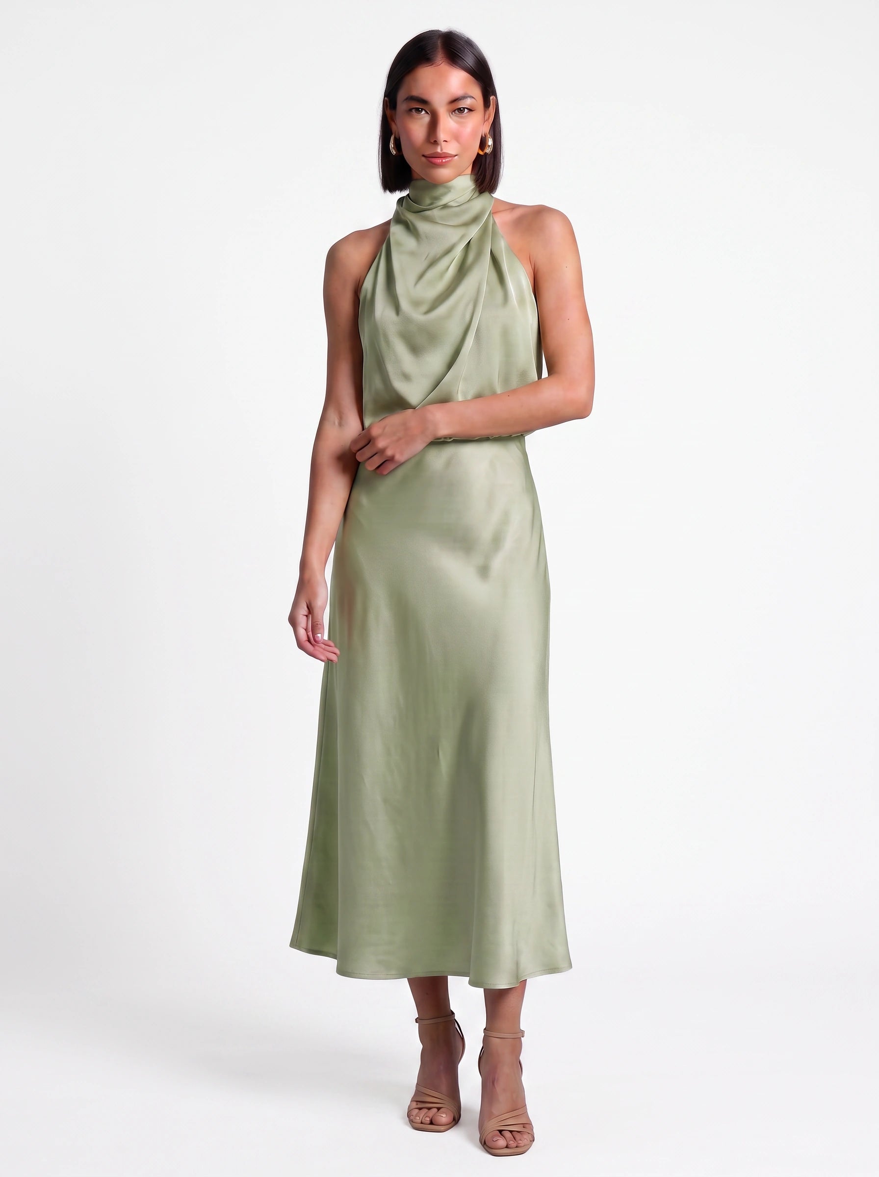 Drapia Halter Neck Satin Midi Dress – Women Formal Wedding Guest Evening Party Champagne Elegant Midi Dress
