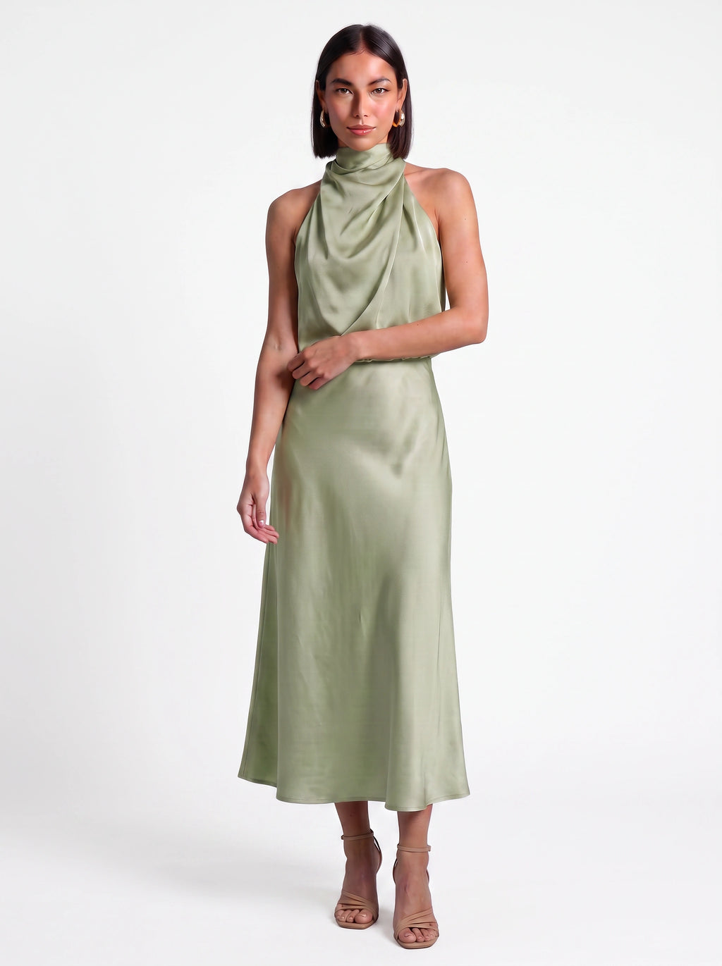 Drapia Halter Neck Satin Midi Dress – Women Formal Wedding Guest Evening Party Champagne Elegant Midi Dress