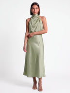 Drapia Halter Neck Satin Midi Dress – Women Formal Wedding Guest Evening Party Champagne Elegant Midi Dress
