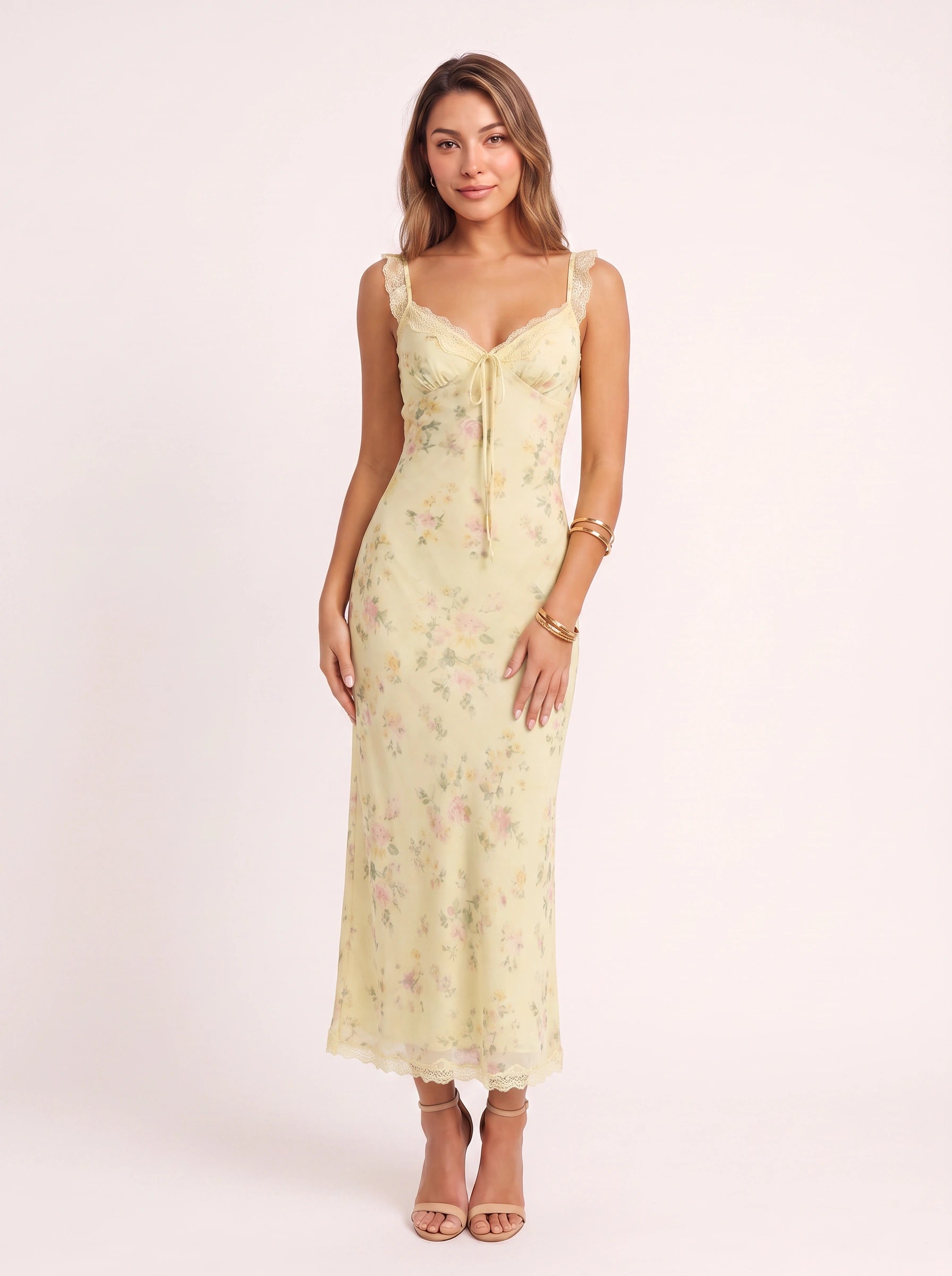 Florisse Lace-Trim Midi Dress – Floral Midi Dress Women Vintage Garden Party Summer Slip Midi Dress