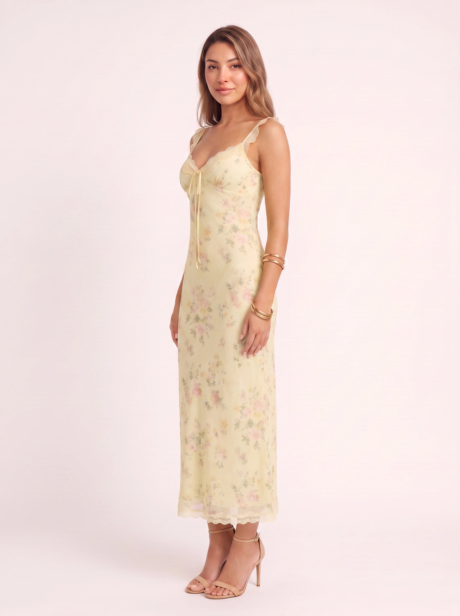 Florisse Lace-Trim Midi Dress – Floral Midi Dress Women Vintage Garden Party Summer Slip Midi Dress